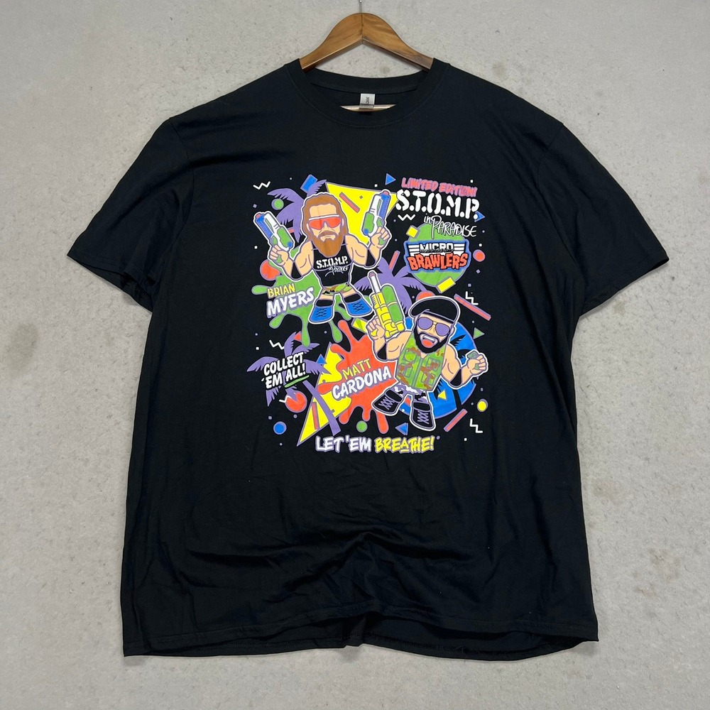 Micro Brawlers Brian Myers Matt Cardona STOMP in Paradise Shirt Black 2XL